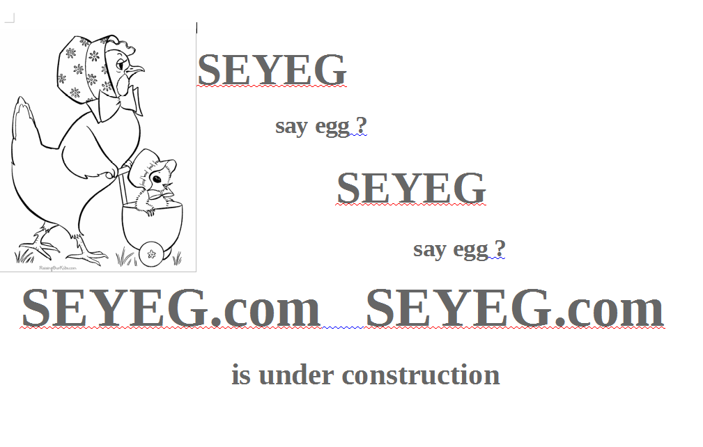 An image of a hen appearing to say 'SEYEG' a couple of times while pushing a baby carriage with a small chick inside who responds 'say egg?' to the hen's statements. Also in the image is this caption; 'SEYEG.COM is under construction.'